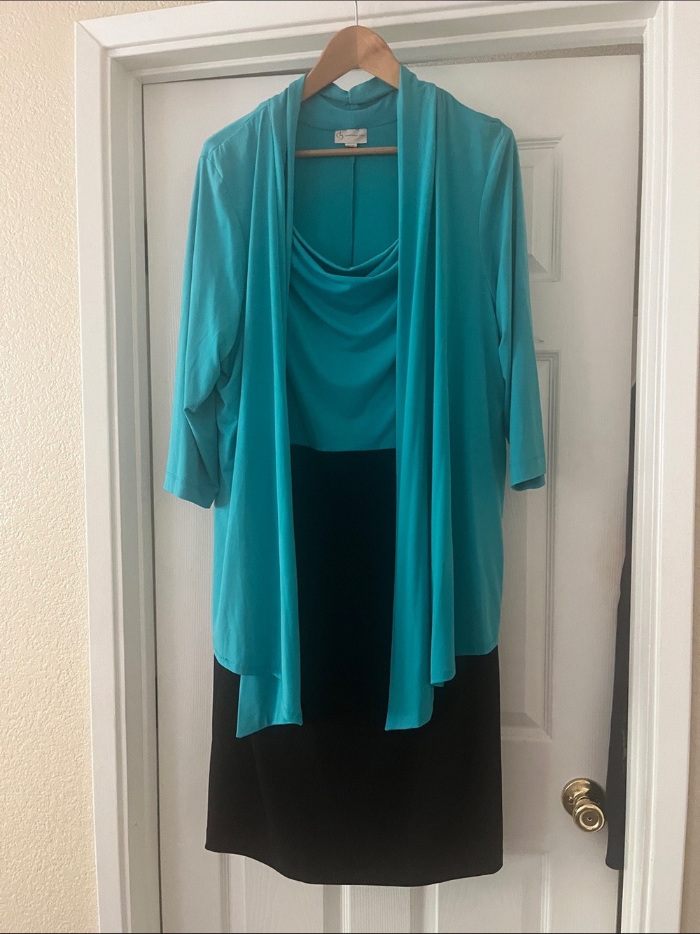 CB2 Teal Draped Overlay Asymmetrical Dress with Black Skirt